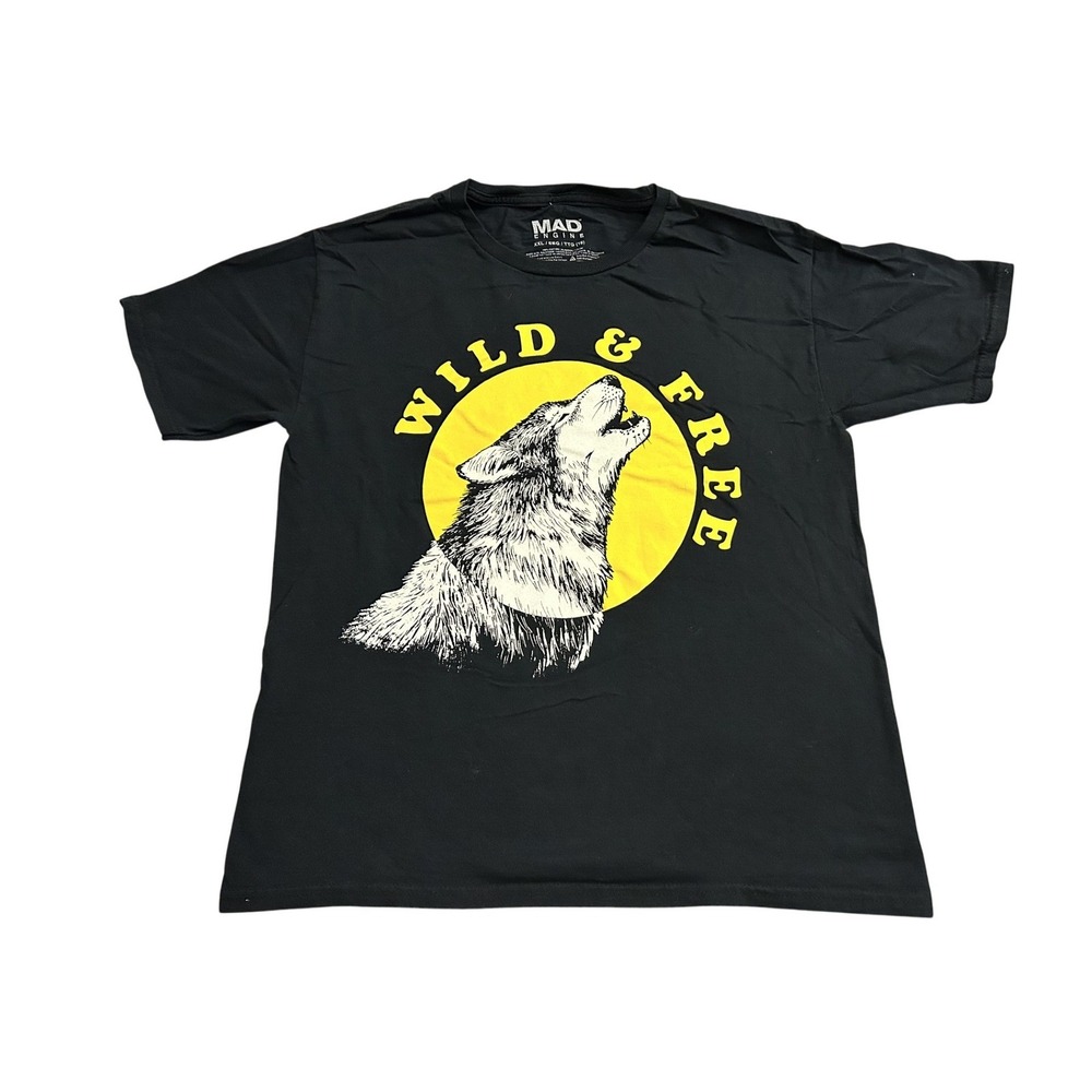 VTG Mad Engine Wild & Free Wolf Graphic T-Shirt Kids XXL Black Howling Wolf Tee